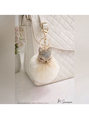 NEW Fluffy Fox Bag Charm Keychain - Cream - Pearl & Rhinestone Pom Accessory NWT